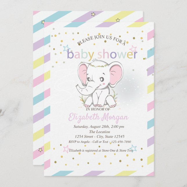 Cute Baby Elephants Stars Baby Shower Inbjudningar (Fram/baksida)