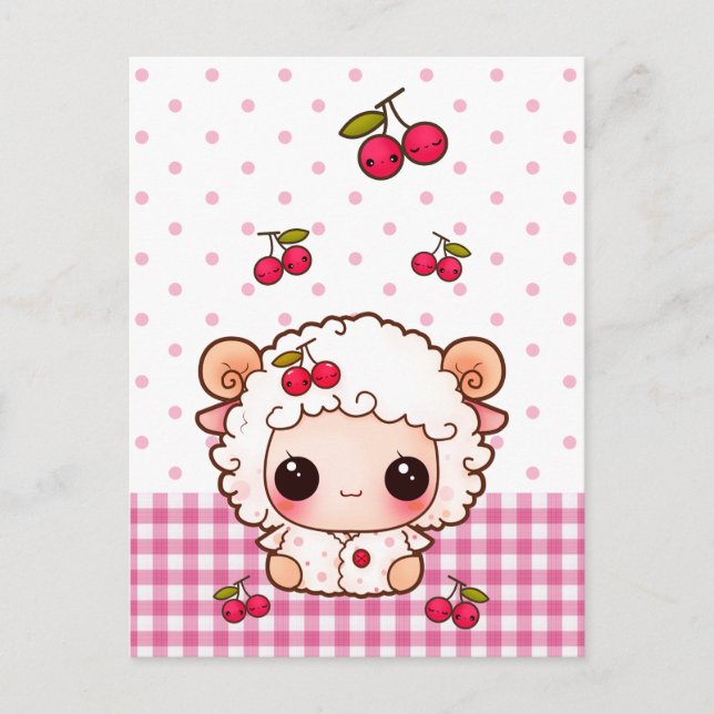 Cute baby får med kawaii-körsbär vykort (Framsida)