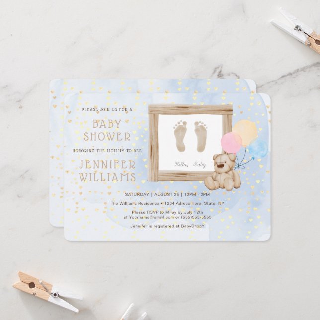 Cute Baby Feet Watercolor Blue Baby Shower Modern Inbjudningar (Fram/Back In Situ)