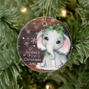 Cute BABY FÖRST CHRISTMAS Elephant Wood Snowflake Julgransprydnad Keramik