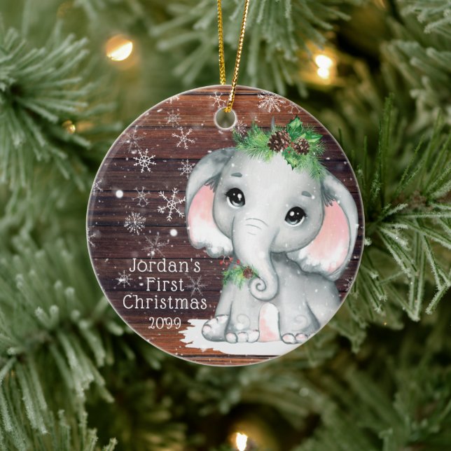Cute BABY FÖRST CHRISTMAS Elephant Wood Snowflake Julgransprydnad Keramik (Träd)