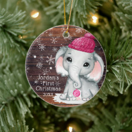Cute BABY FÖRST CHRISTMAS Rosa Elephant Wood Snö Julgransprydnad Keramik