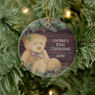 Cute BABY FÖRSTA CHRISTMAS Nalle Wood Gräs Julgransprydnad Keramik