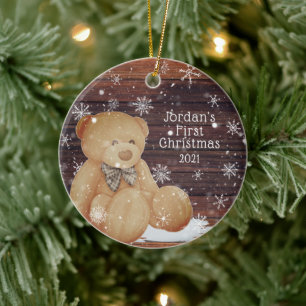 Cute BABY FÖRSTA CHRISTMAS Nalle Wood Snö Julgransprydnad Keramik