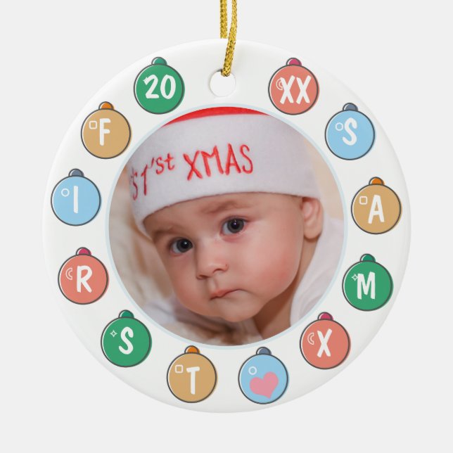 Cute Baby första julfoto Julgransprydnad Keramik (Framsidan)