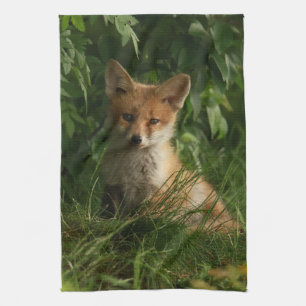 Cute Baby Fox i en Grönt Forest Kökshandduk