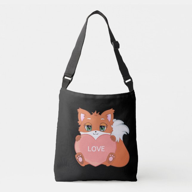 Cute Baby Fox med hjärta på Black Crossbody Bag Axelväska (Framsida)
