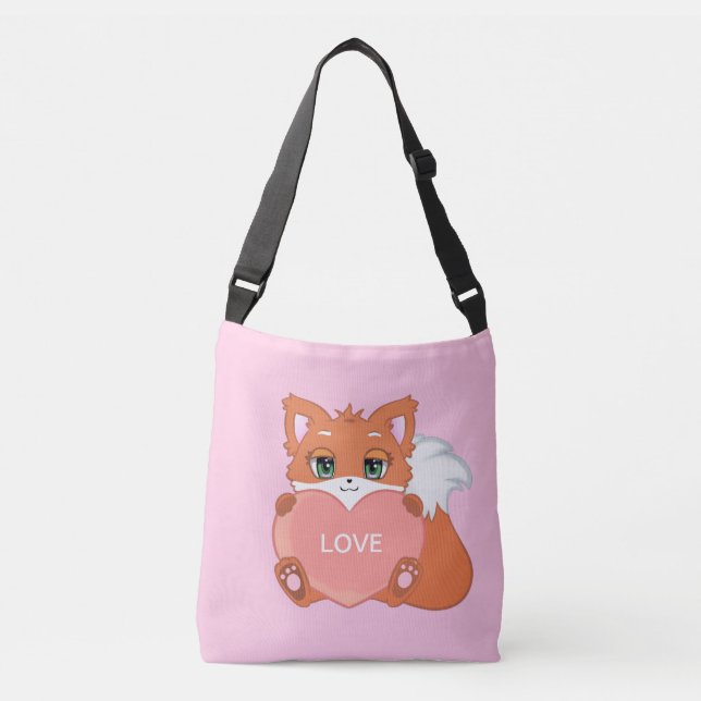 Cute Baby Fox med hjärta på Rosa Crossbody Bag Axelväska (Framsida)