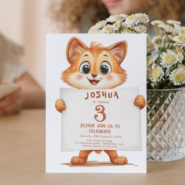 Cute Baby Fox och undertecknar Barns födelsedag Pa Inbjudningar (Skapare uppladdad)