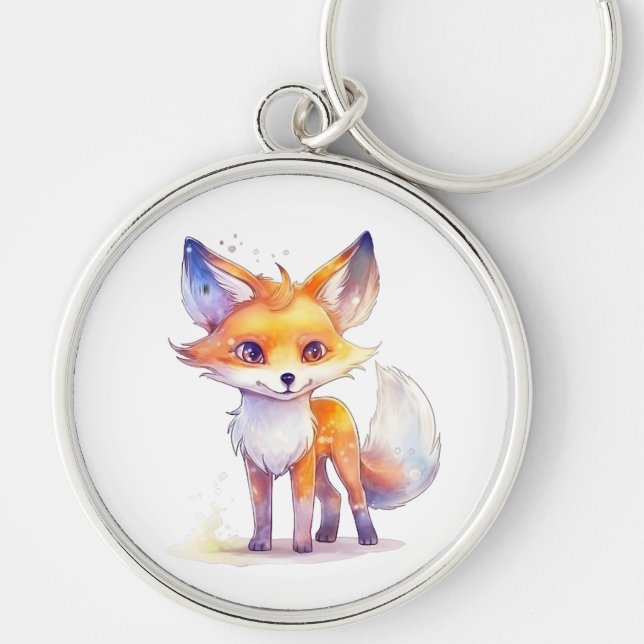 Cute Baby Fox Round Keychain Rund Silverfärgad Nyckelring (Framsidan)
