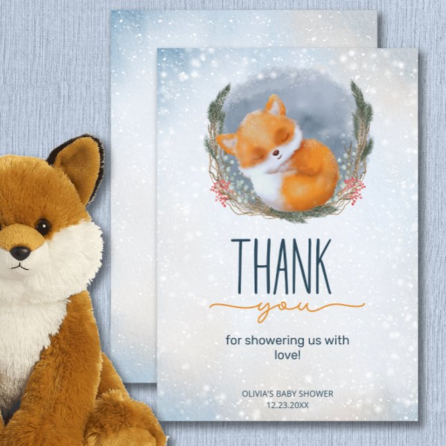 Cute Baby Fox Snowly Winter Baby Shower Tack Kort (Skapare uppladdad)