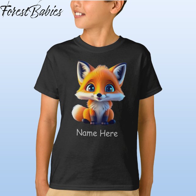 Cute Baby Fox-ungar Wildlife Animal Tecknad Graphi T Shirt (🦊 Red Fox, Black Customizable ForestBabies T-shirt - Front)