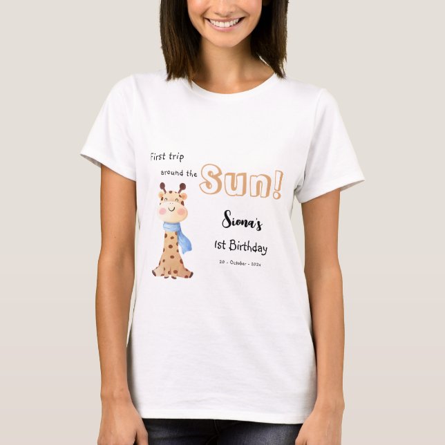 Cute Baby Giraffe 1:a födelsedagsfamiljen T Shirt (Framsida)