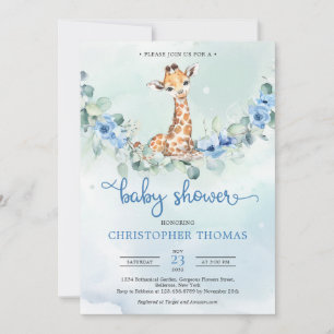 Cute baby giraffe blåa blommor eucalyptus baby inbjudningar
