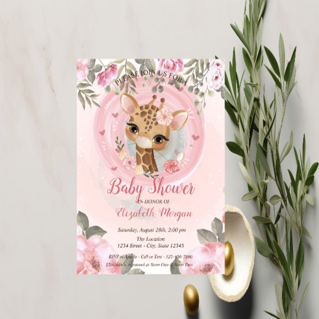 Cute Baby Giraffe Blommigt Baby Shower-inbjudan Inbjudningar (Skapare uppladdad)