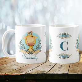 Cute Baby Giraffe Blommigt Monogram Personlig Kaffemugg