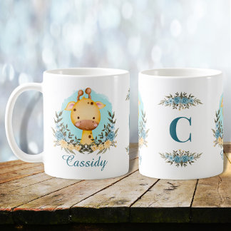 Cute Baby Giraffe Blommigt Monogram Personlig Kaffemugg