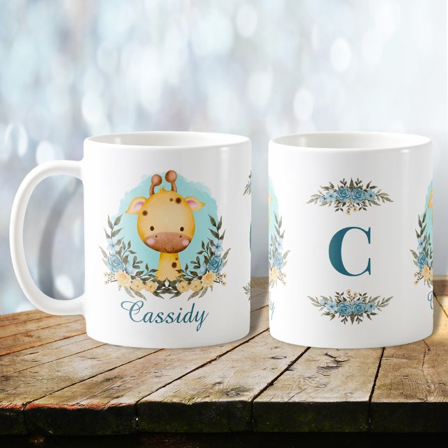 Cute Baby Giraffe Blommigt Monogram Personlig Kaffemugg (Skapare uppladdad)
