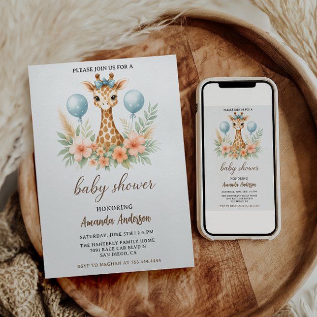 Cute Baby Giraffe Boy Baby Shower | Blue Safari Inbjudningar (Skapare uppladdad)