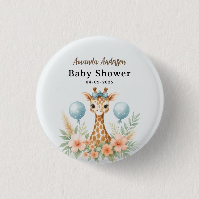 Cute Baby Giraffe Boy Baby Shower | Blue Safari Knapp (Framsida)