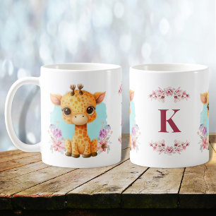 Cute Baby Giraffe Charming Blommigt Monogram Kaffemugg