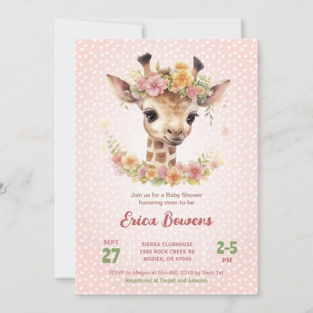Cute Baby Giraffe Girl Vild Safari Shower Sprinkle Inbjudningar (Framsida)