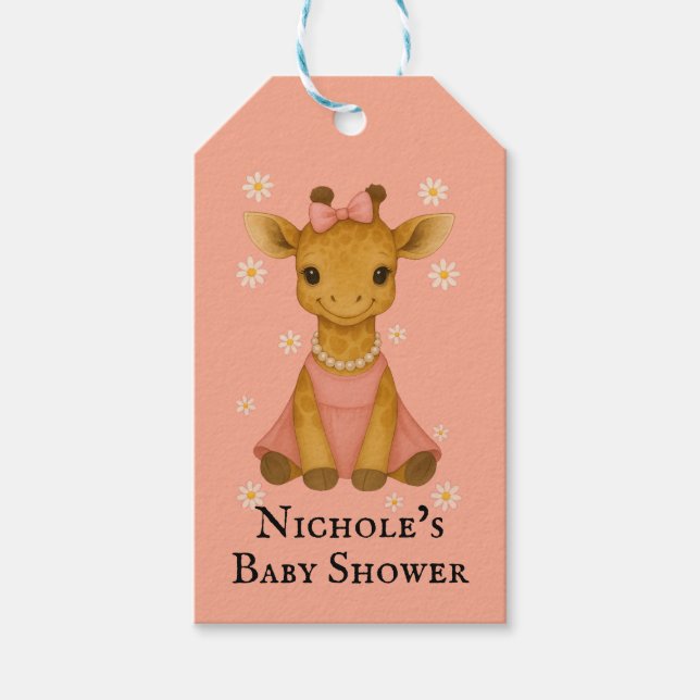 Cute Baby Giraffe in Rosa Girl Baby Shower Tack Presentetikett (Framsidan)