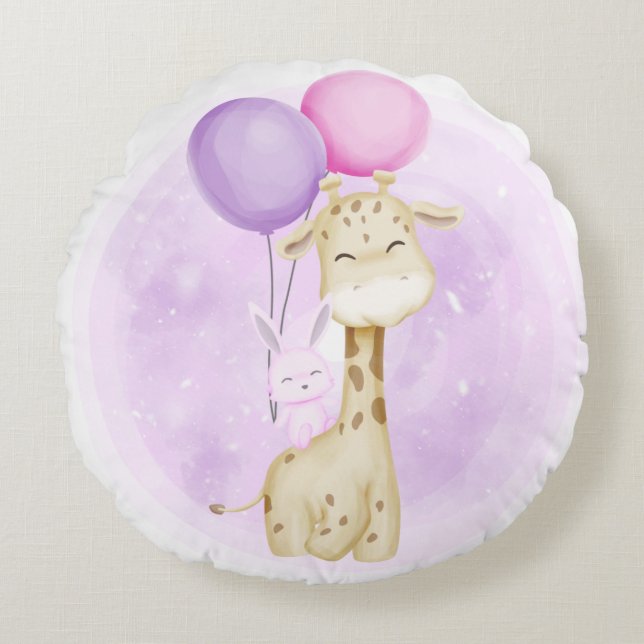 CUTE BABY GIRAFFE MED BALLOONSLEVERANTÖRER RUND KUDDE (Framsidan)