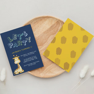 Cute Baby Giraffe Navy Blue 1st Birthday Inbjudningar