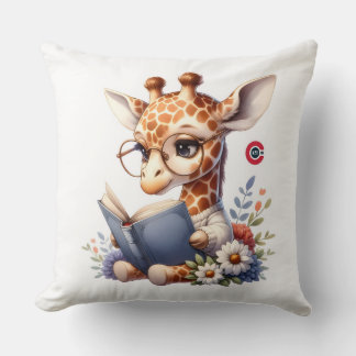 Cute Baby Giraffe Reading Book with Glasses Throw  Kudde