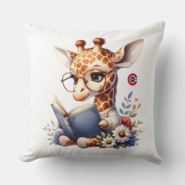 Cute Baby Giraffe Reading Book with Glasses Throw  Kudde (Framsida)
