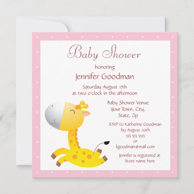 Cute Baby Giraffe Rosa Baby Shower Inbjudningar (Framsida)