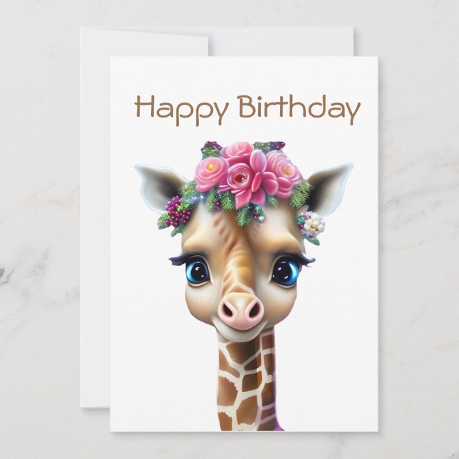 Cute Baby Giraffe with Flowers and Holly Julkort (Framsida)