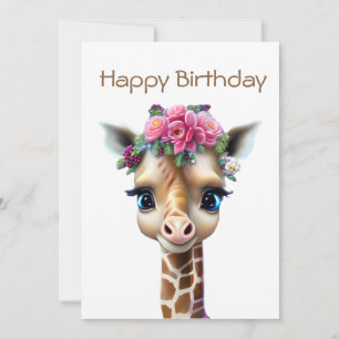 Cute Baby Giraffe with Flowers and Holly Julkort