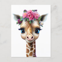 Cute Baby Giraffe with Flowers and Holly