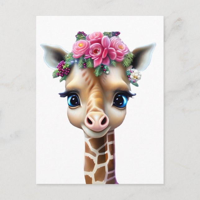 Cute Baby Giraffe with Flowers and Holly Vykort (Framsida)