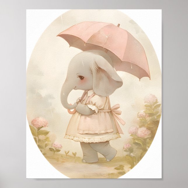 Cute Baby Girl Elephant in Rain Nursery Wall Art Poster (Framsidan)
