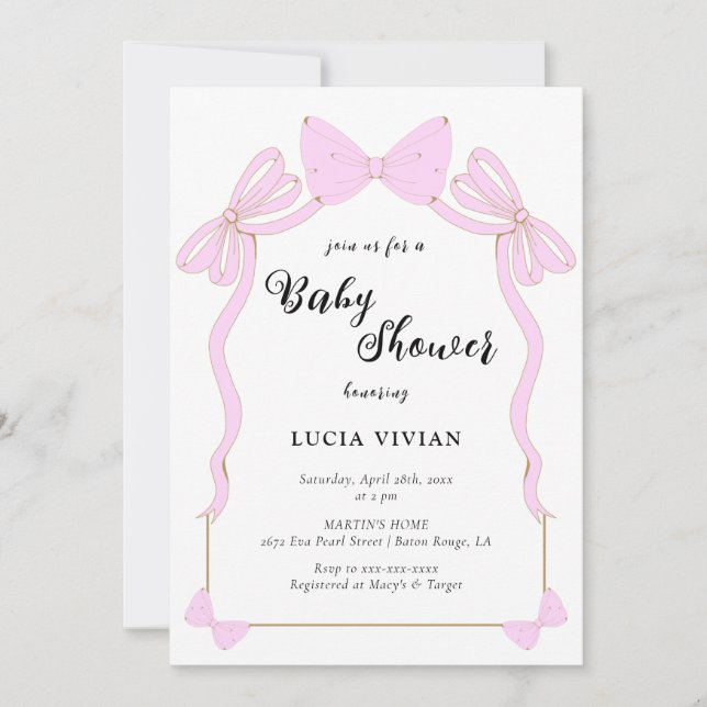 Cute Baby Girl Pink Coquette Bow Baby Shower Inbjudningar (Framsida)