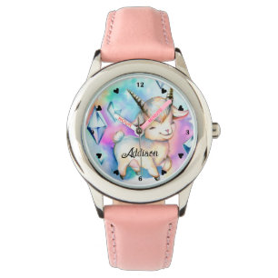 Cute Baby Goat och Diamonds Rainbow Watercolor Armbandsur