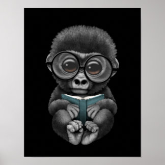 Cute Baby Gorilla Reading a Bok on Black Poster