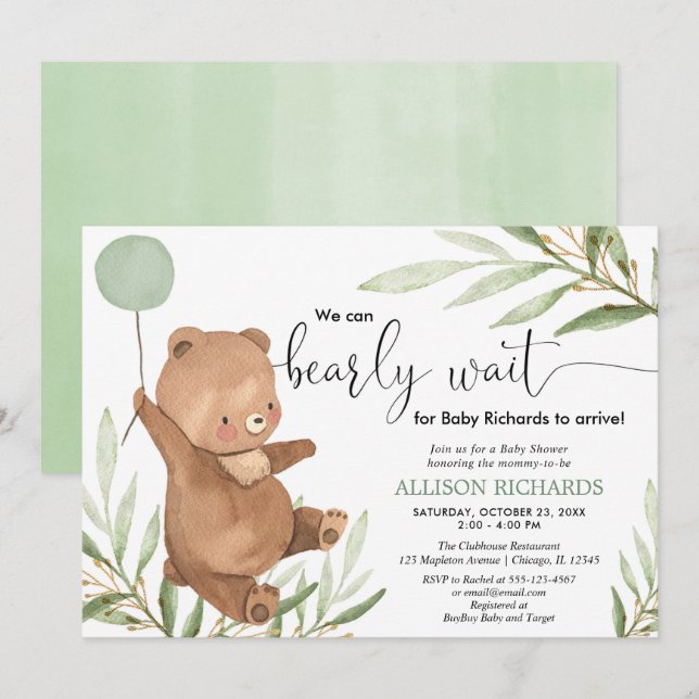 Cute baby har en grön könsneutral dusch i guld inbjudningar (Fram/baksida)