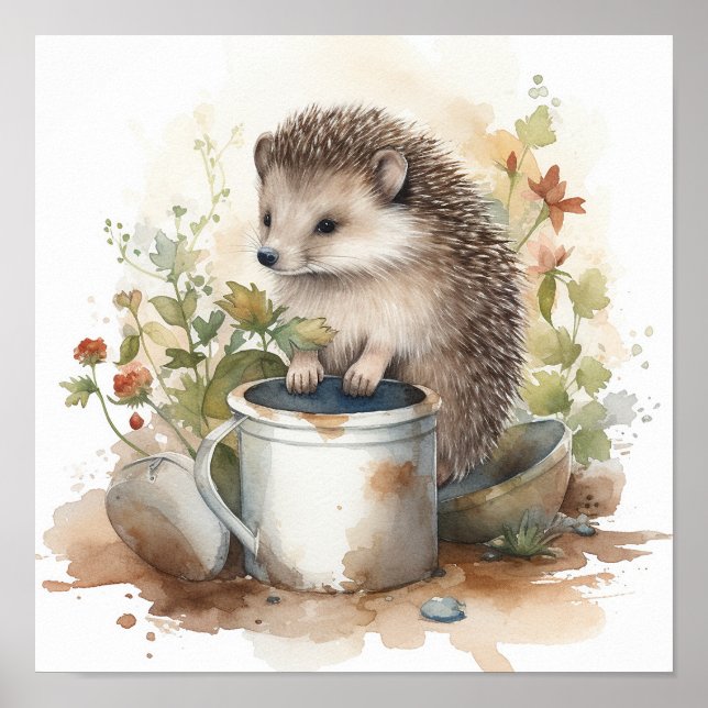 Cute Baby Hedgehog i Blomsterträdgård Watercolor Poster (Framsidan)
