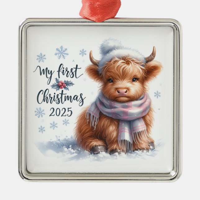CUTE BABY HIGHLAND COW FOR MY FIRST CHRISTMAS JULGRANSPRYDNAD METALL (Framsidan)