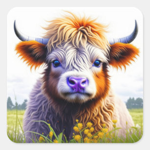 Cute Baby Highland Cow i Fält eller Flowers Fyrkantigt Klistermärke
