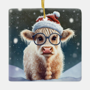 Cute baby Highland Cow i Snö Julgransprydnad Keramik