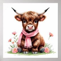 Cute Baby Highland Cow med Flowers