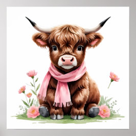Cute Baby Highland Cow med Flowers Poster
