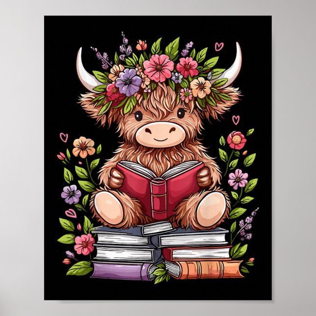 Cute Baby Highland Cow med läsande bokmask i Bok Poster (Framsidan)