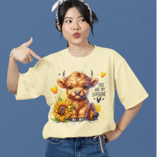 Cute Baby Highland Cow och Solros Westerna Sol T Shirt