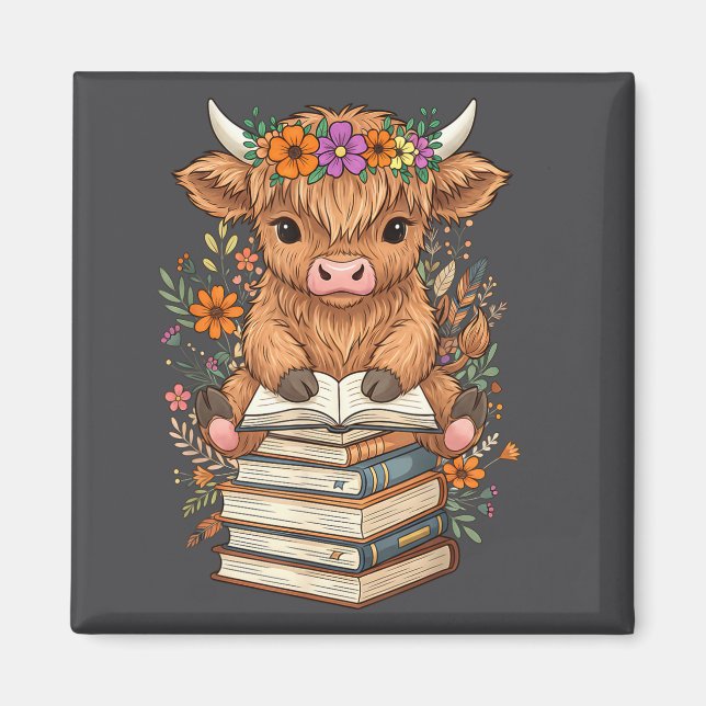 Cute Baby Highland Cow Reading Book Librarian Book Magnet (Framsidan)